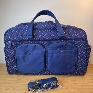 IHKWIP Navy Blue Quilted Geometric Weekender Duffel Bag with Trolley Sleeve NEW